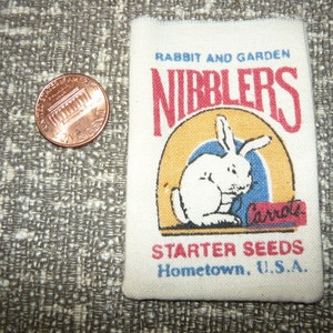 Miniature Feed Bag Rabbit and Garden Nibblers Starter Seeds empty feed sack  1/12 scale Doll House Barn