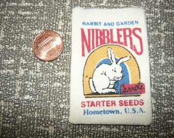 Miniature Feed Bag Rabbit and Garden Nibblers Starter Seeds empty feed sack  1/12 scale Doll House Barn