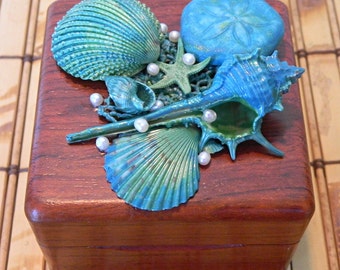 Joyero de conchas marinas, decoración playera verde azulado, caja para anillos