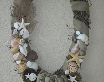 Seashell Wreath, Grapevine Wreath Oval with Burlap Bow, Sea Life Wreath