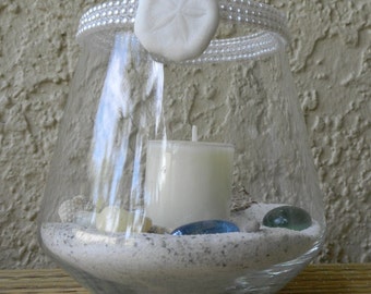 Beach Candle Votive with Pearls, Beach Sand and Seashells