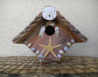 Cedar Bird House Wren House Seashell Embellished Bird House Garden Art Beach Decor