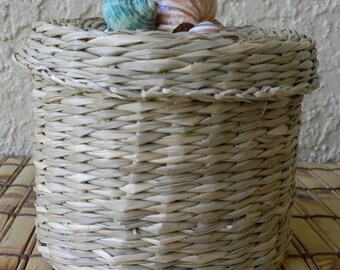 Covered Basket, Seagrass Basket with cover embellished with seashells, covered basket, organization, storage