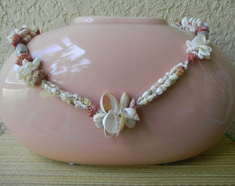 Ceramic Vase, Peach/Pink, embellished with vintage seashells, large vase