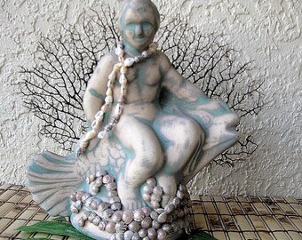 Estatua del Príncipe Neptuno, abanico de mar, decoración tropical, mero de Florida, decoración de playa