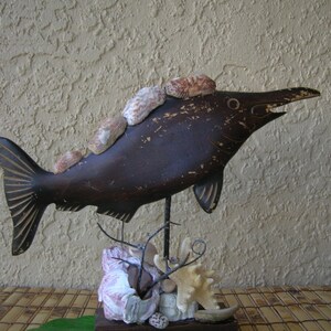 WOODEN FISH *OOAK* Decorated With Seashells, Fish statue, Nautical decor