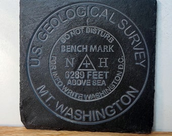 Slate CNC Carved Coaster Mt. Washington Summit Bench Mark. Ranked #1 4000 Foot  AMC Hikes.