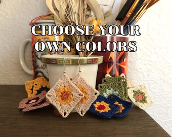 Customizable Crochet Granny Square Earrings: Sunflower Micro-Crochet