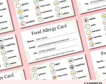 Tarjetas editables de alergias alimentarias, alerta imprimible y compartible de alérgenos alimentarios para cocinas, todos los requisitos dietéticos