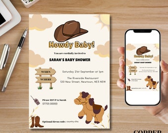 Howdy Cowboy Neutral Baby Shower Digital Invitation Template, Country Style Fully Customisable Evite