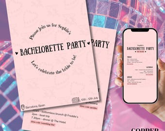 Puede incluir: Invitación rosa para una despedida de soltera con un icono de calendario y el texto "Sophie's Bachelorette Party" y "Let's celebrate the bride to be!" La invitación incluye una lista de actividades para el fin de semana, que incluyen un brunch sin límite de tiempo, un viaje en barco y una cena en un hotel. El código de vestimenta es "sparkles" para la Pizzaria y "something blue" para el hotel.
