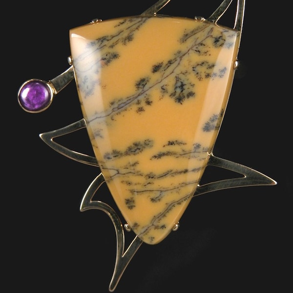 18 Karat Gold Brooch with Gel Sugilite and Dendritic Opal LIGHTENING SHIELD