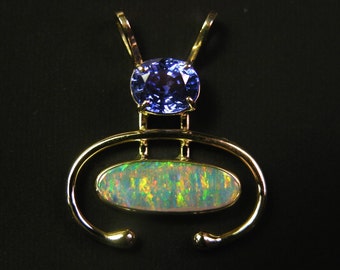 Blue Sapphire and Lightening Ridge Australian Crystal Opal Pendant in 18 karat Gold YOU GO GRRRL