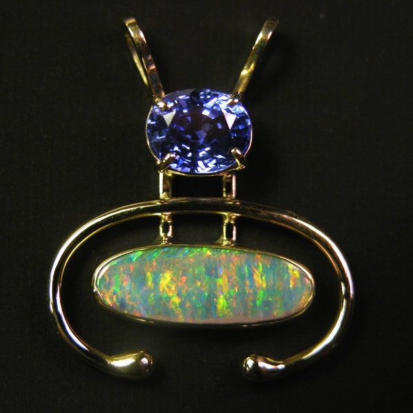 Blue Sapphire and Lightening Ridge Australian Crystal Opal Pendant in 18 karat Gold YOU GO GRRRL