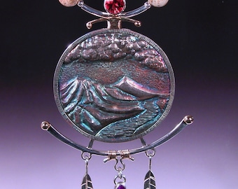 Necklace in Sterling Silver Red Sunstone, Gel Sugilite, 14 karat gold and Deschute Jasper Beads CASCADE SUNSET