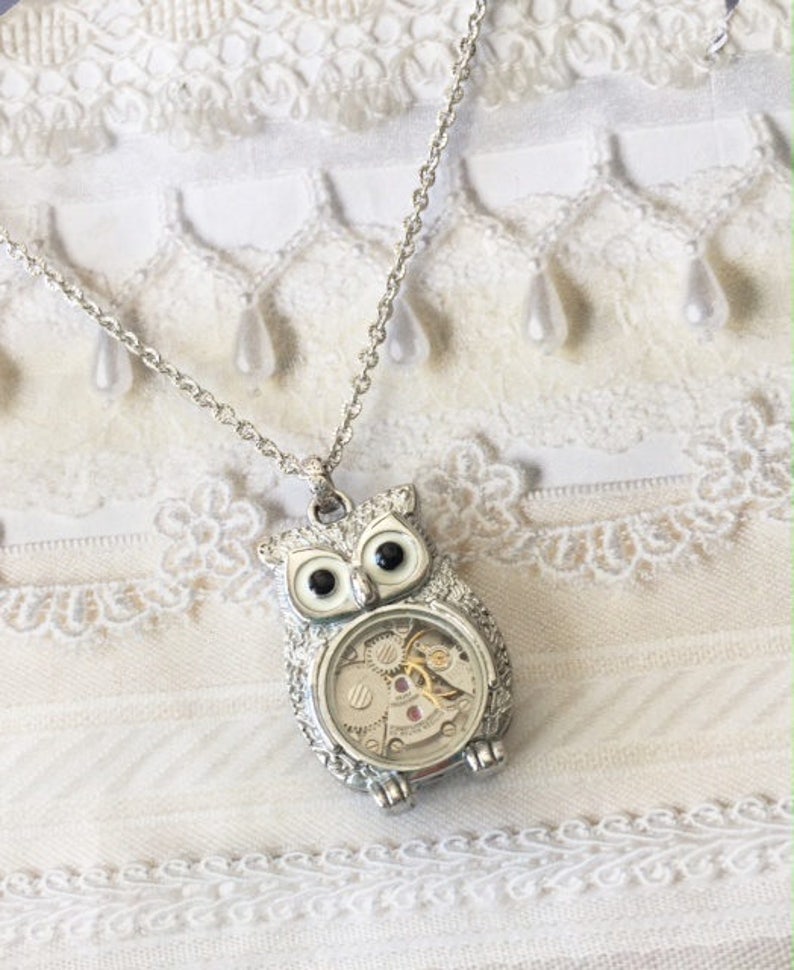 Silver Owl Necklace STEAMPUNK OWL Jewelry by BirdzNbeez Wedding Birthday Bridesmaids Gift image 1