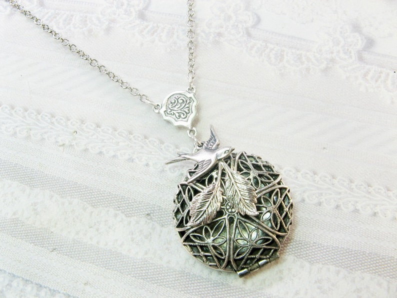 Silver Locket Necklace Silver Nesting Bird SCENT LOCKET The ORIGINAL Jewelry by BirdzNbeez Wedding Birthday Bridesmaids Gift image 3