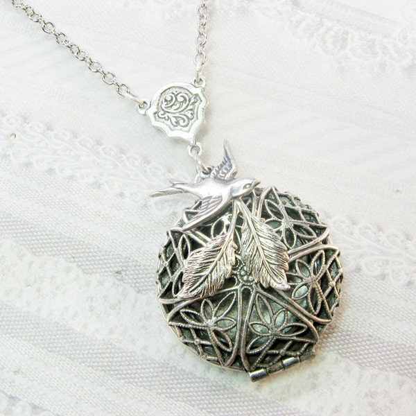 Silver Locket Necklace- Silver Nesting Bird SCENT LOCKET - The ORIGINAL - Jewelry by BirdzNbeez -  Wedding Birthday Bridesmaids Gift