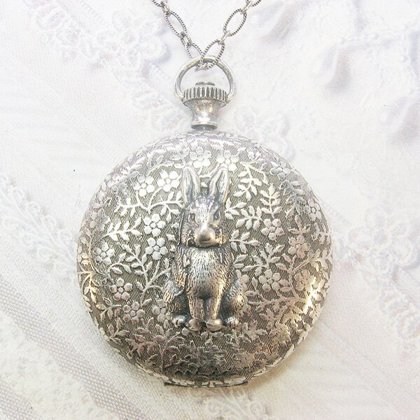 Silver Locket Necklace - Silver Garden Bunny Rabbit Pocket Watch Locket - by BirdzNbeez