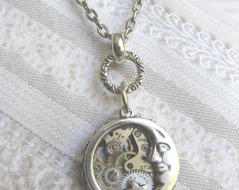 Silver Moon Necklace - Steampunk Moon Star Necklace -  Moon  Luna - Jewelry by BirdzNbeez - Christmas Birthday Wedding Bridesmaid Gift