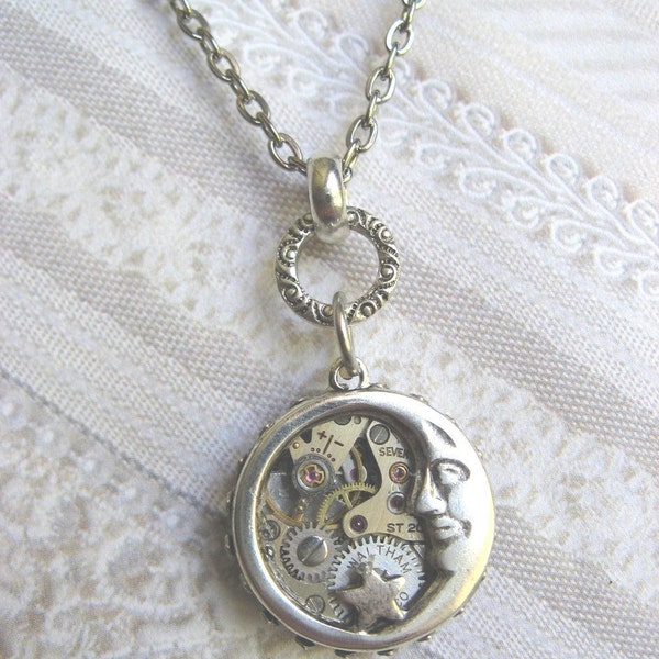 Silver Moon Necklace - Steampunk Moon Star Necklace -  Moon  Luna - Jewelry by BirdzNbeez - Christmas Birthday Wedding Bridesmaid Gift