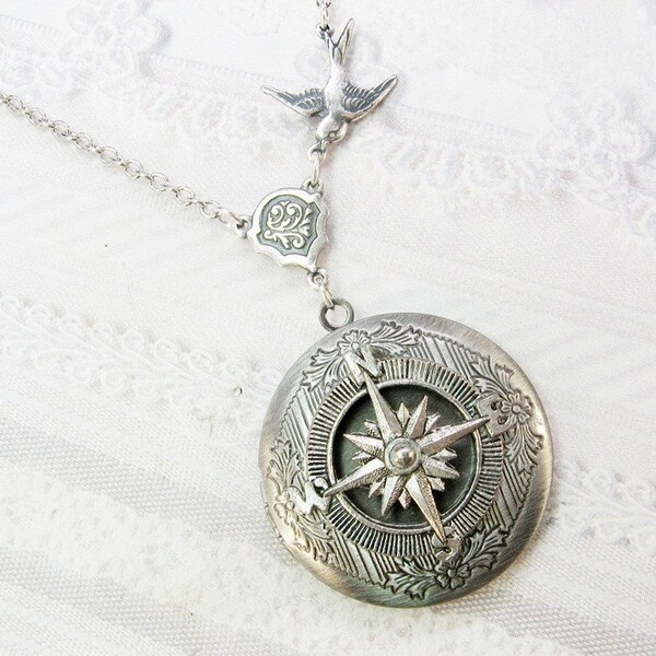 Silver Compass Locket Necklace - Travel Locket - Necklace by BirdzNbeez