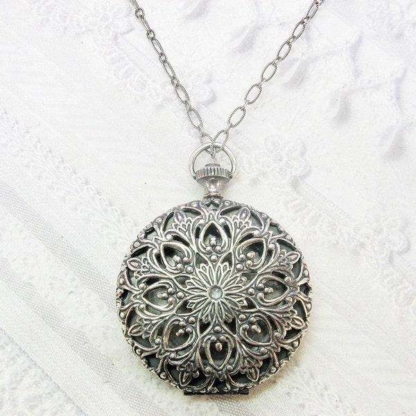Silver Locket Necklace - Keepsake Pocket Watch Locket - by BirdzNbeez