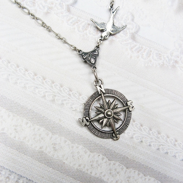 Silver Compass Necklace - Graduation Necklace Silver Guidance - Steampunk Graduate Gift