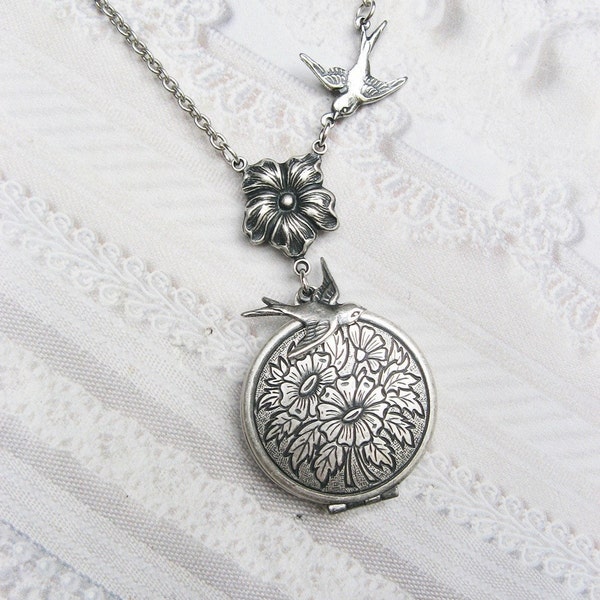 Silver Locket Necklace - Silver Bird in the Flowers - Jewelry  by BirdzNbeez
