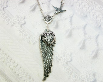 Silver Locket Necklace - The ORIGINAL Angel Wing Necklace - GUARDIAN ANGEL -  by BirdzNbeez - Anniversary Birthday Wedding