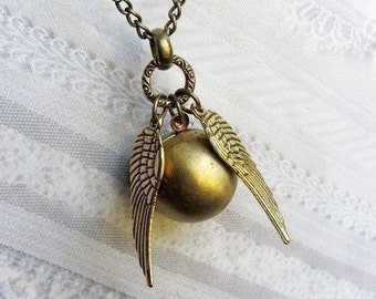 Golden  Angel Wing Orb Locket Necklace - Golden Wings  - Jewelry by BirdzNbeez - Christmas Wedding Birthday Gift