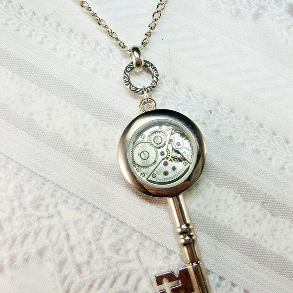 Steampunk Key Necklace - Silver Key  - Jewelry by BirdzNbeez