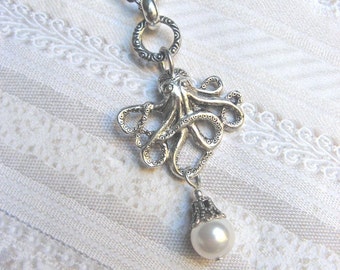 Silver Octopus Necklace - Octopus Pearl Necklace - Jewelry by BirdzNbeez