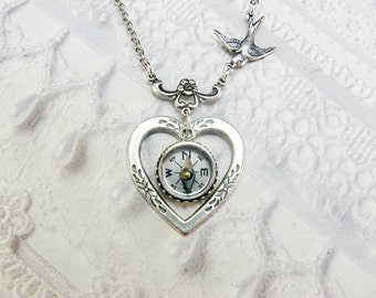 Silver Necklace - Silver HEART Necklace - Silver COMPASS Necklace - An ORIGINAL by BirdzNbeez - Graduation Birthday Anniversary Bridesmaids