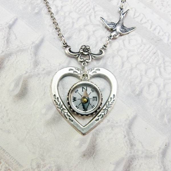 Silver Necklace - Silver HEART Necklace - Silver COMPASS Necklace - An ORIGINAL by BirdzNbeez - Graduation Birthday Anniversary Bridesmaids