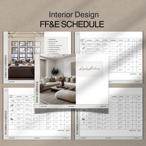FF&E Schedule | Interior Design Finishes and Fixtures Schedule Template for Interior Designers | Includes Mood Board | Customizable in Canva