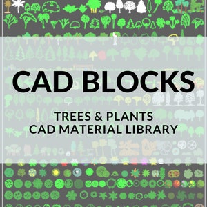 Puede incluir: Una colección de iconos de árboles y plantas verdes, blancos y rojos para el diseño CAD. Los iconos están dispuestos en filas y columnas sobre un fondo gris. El texto "CAD BLOCKS TREES & PLANTS CAD MATERIAL LIBRARY" se muestra en la parte superior de la imagen.
