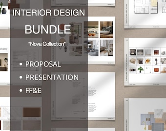 Paquete de plantillas de diseño de interiores: Propuesta, presentación, cronograma de mobiliario, accesorios y equipamiento (editable en Canva, descarga digital)