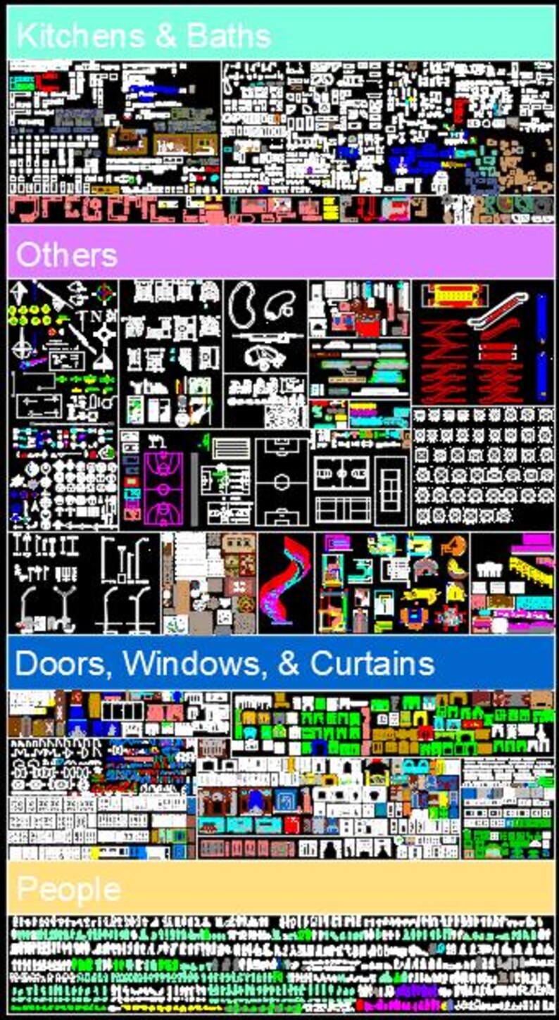 May include: A black and white image with a grid of icons for kitchens, bathrooms, doors, windows, curtains, and people. The icons are in a variety of styles and include items such as sinks, toilets, showers, doors, windows, curtains, and people.