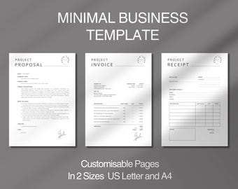May include: A minimalist business template set featuring a project proposal, invoice, and receipt. The documents are in shades of gray and white, with a clean, modern design. The text "Minimal Business Template" is at the top. The template is available in US Letter and A4 sizes.