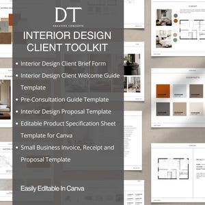 May include: An interior design client toolkit with a dark gray background. The toolkit includes templates for client briefs, welcome guides, proposals, and invoices. The text "DT Creative Concepts" and "Interior Design Client Toolkit" are prominently displayed.