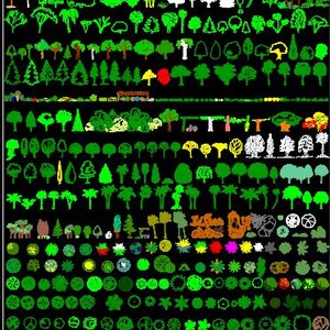 May include: A large collection of green, black, and white tree and plant silhouettes. The image includes a variety of shapes and sizes, including palm trees, pine trees, bushes, and flowers.