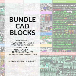 May include: A digital illustration of a bundle of CAD blocks for furniture, transportation, vehicles, lorries, airplanes, kitchen and bath, trees and plants, doors, windows, and people. The text "Bundle CAD Blocks" is in large, bold, black letters. The text "CAD Material Library" is in smaller, black letters.