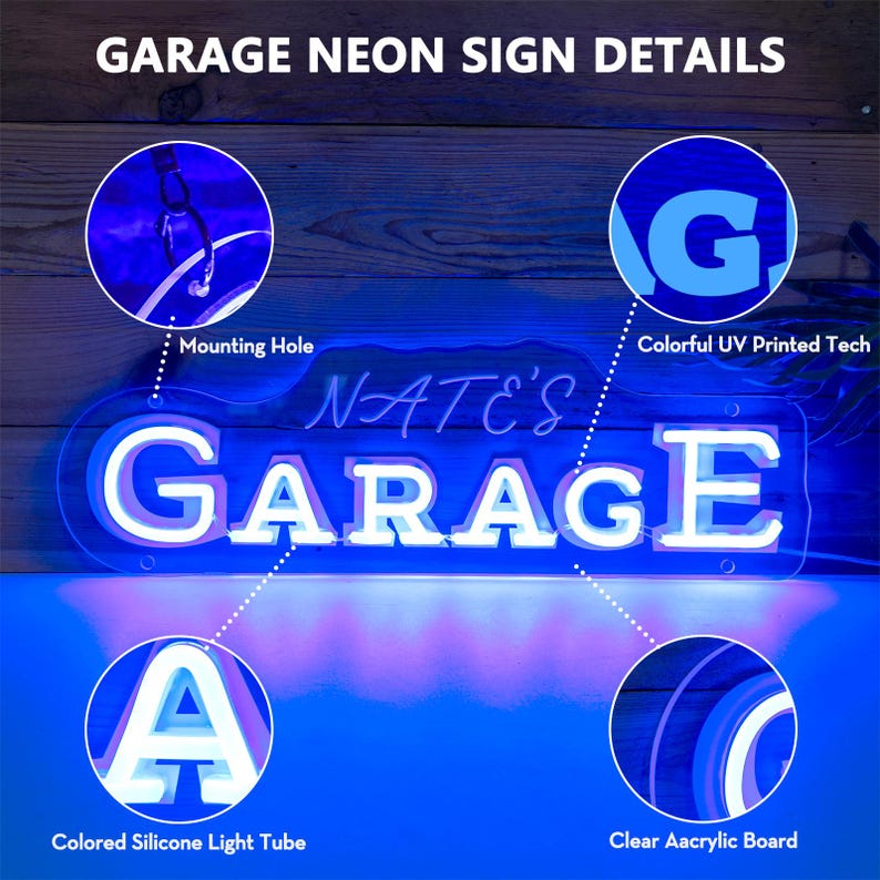 K&ouml;nnte beinhalten: Ein Neon-Schild mit dem Wort "GARAGE" in Wei&szlig;, blau umrandet, und dem Namen "NATE'S". Das Schild leuchtet blau und zeigt Details zum farbigen Silikon-Lichtschlauch, der transparenten Acrylplatte und dem Aufh&auml;ngeloch. F&uuml;r die Garage.