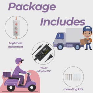 K&ouml;nnte beinhalten: Eine Illustration, die den Inhalt eines Pakets zeigt, einschlie&szlig;lich einer Helligkeitsregelung, eines Netzteils und Montages&auml;tzen. Der Text &bdquo;Package Includes&ldquo; steht oben, mit einem Lieferwagen und einer Person auf einem Roller.