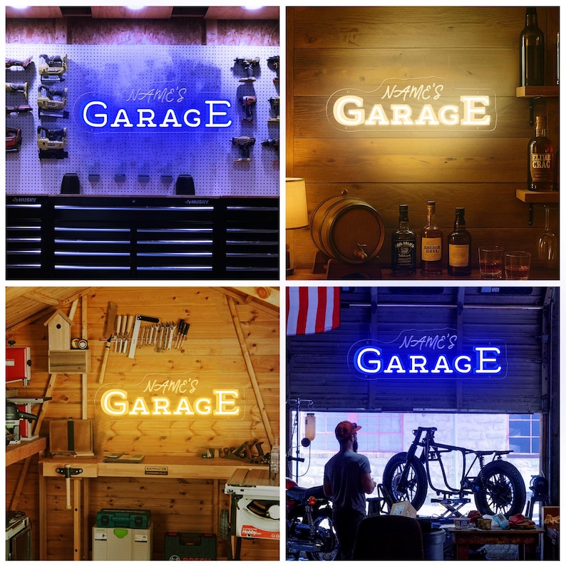 K&ouml;nnte beinhalten: Vier Bilder mit individuellen Neon-Schildern mit der Aufschrift "NAME'S GARAGE". Die Schilder sind in Wei&szlig;, Blau und Gelb gehalten und in verschiedenen Garagenumgebungen zu sehen. Ein Bild zeigt Werkzeuge, ein anderes ein Motorrad und weitere eine Bar.