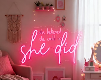 Neon „Uwierzyła, że może”: Dekoracja feministyczna „Girl Power”