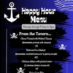 Menu barowe „Happy Hour” w pirackim stylu na małe przekąski i napoje, do wydrukowania i dostosowania do pubów, restauracji, imprez, przyjęć 5,5 x 10 cali