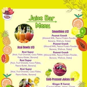 Menu Tropical „Juice Bar” na koktajle i zdrową żywność. Do wydrukowania i dostosowania do restauracji, imprez, przyjęć i małych firm 8,5 x 11 cali