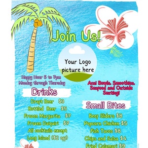 Baner promocyjny „Happy Hour Menu” Tropical Beach na specjalne wydarzenia lub menu zewnętrzne dla restauracji, food trucków i przyjęć, 24 x 48 cali